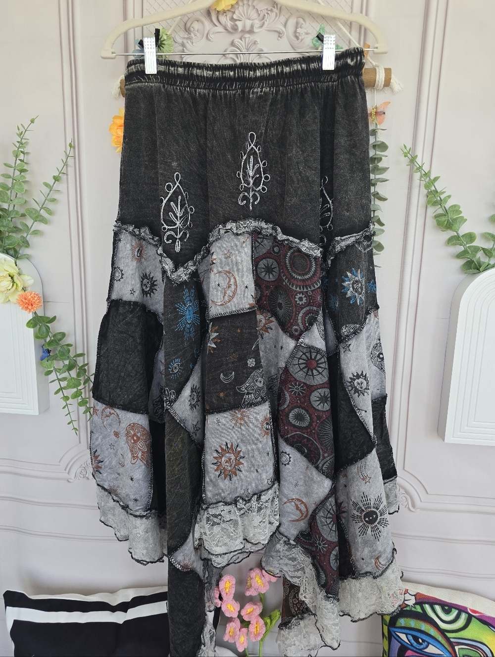 POL 100% Cotton Embroidered Patchwork Handkerchief Hem Lace Trim Maxi Skirt - Picture 5 of 16